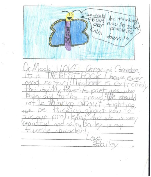 Handwritten review with a crayon drawing of Bailey the Butterfly
