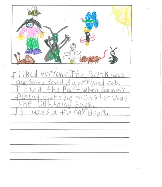Handwritten review with a colorful drawing of the whole garden cast