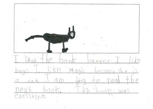 Handwritten book report with a drawing of Magic the cat