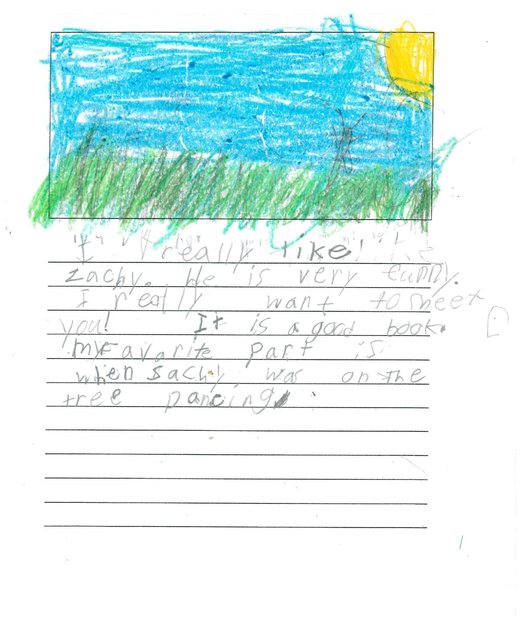 Handwritten book report with a crayon drawing of a sunny garden sky