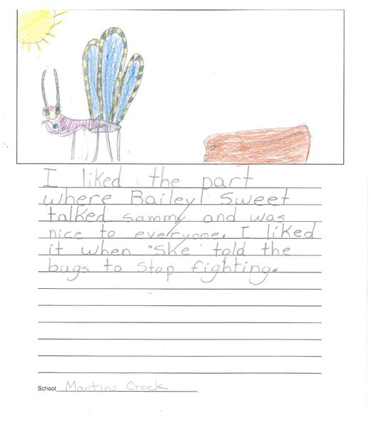 Handwritten book report with a crayon drawing of Bailey the Butterfly in the sun