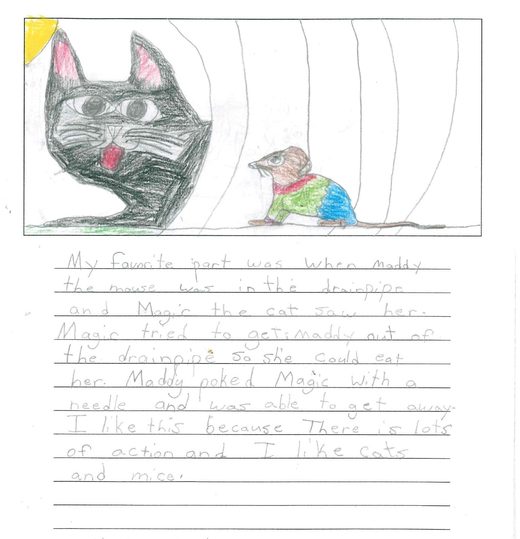 Handwritten book report with a drawing of Magic the cat and Maddy the Mouse