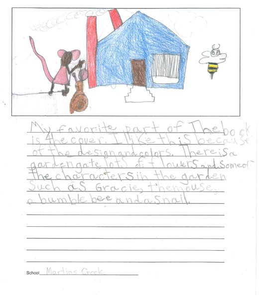 Handwritten review with a drawing of Maddy, Sammy and the garden house