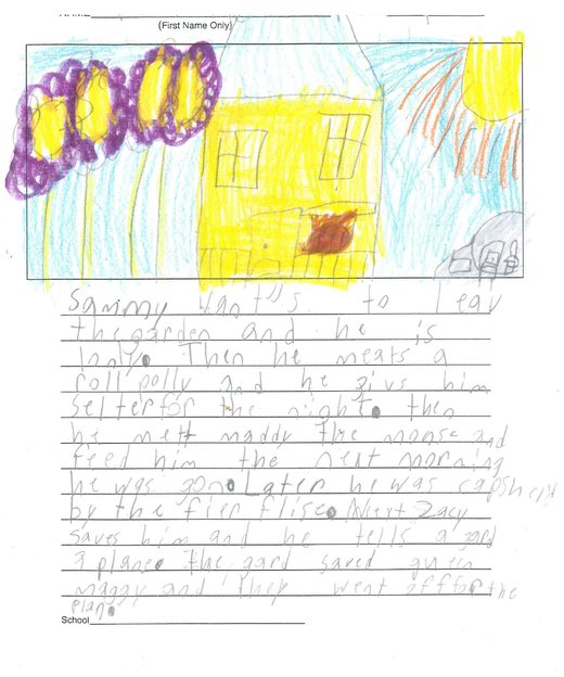 Handwritten book report retelling the story with a bright crayon drawing of the garden house