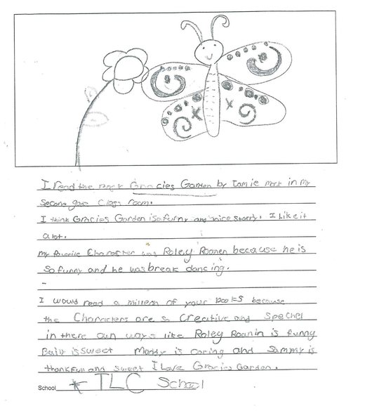 Handwritten review with a pencil drawing of a butterfly on a flower
