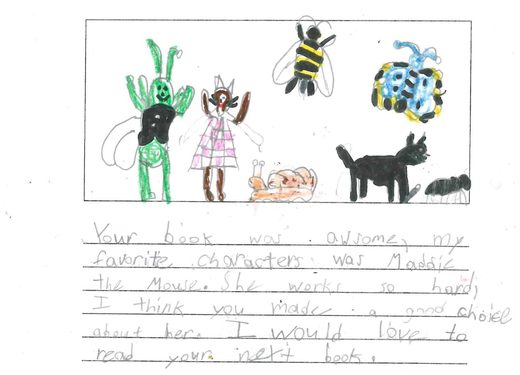 Handwritten book report with drawings of the garden characters in marker
