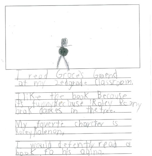 Handwritten book report with a pencil drawing of a garden bug