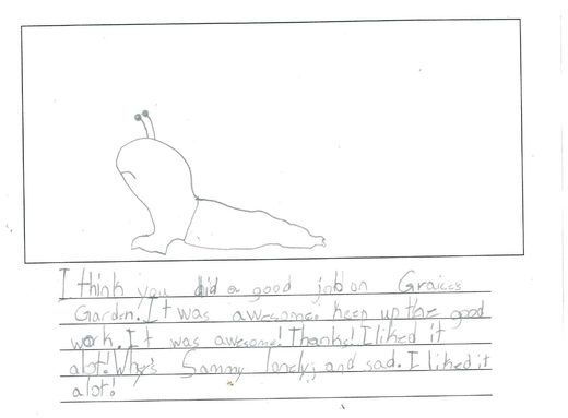 Handwritten book report with a pencil drawing of Sammy the Snail
